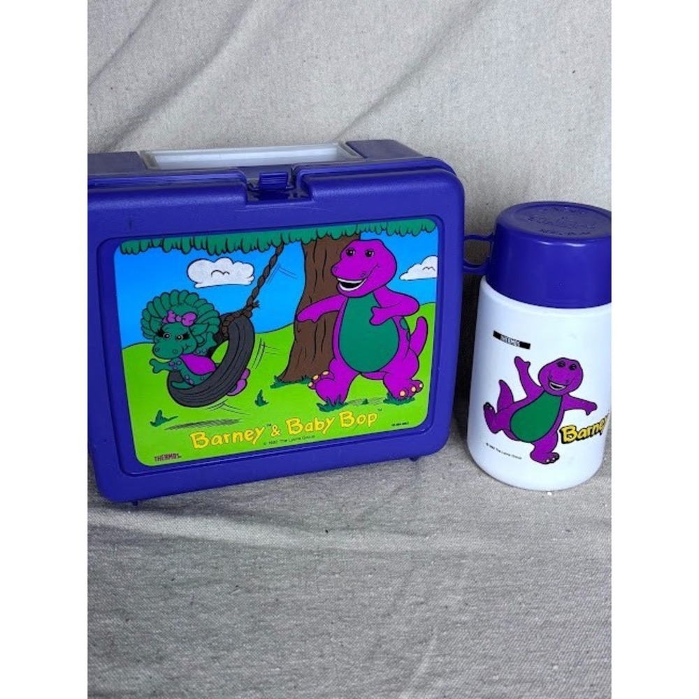 1992 BARNEY & BABY BOP Lunchbox & Thermos Purple Lyons Group‎
